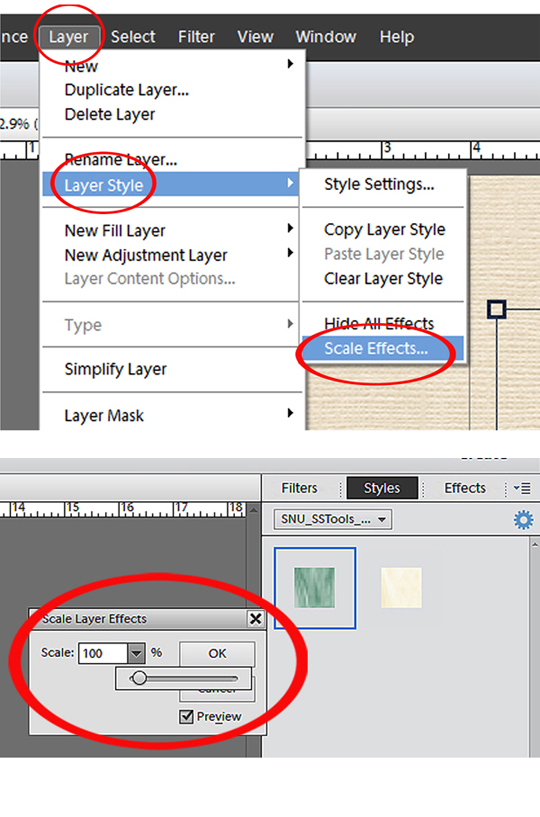 A screenshot showing how to adjust the pattern size of styles