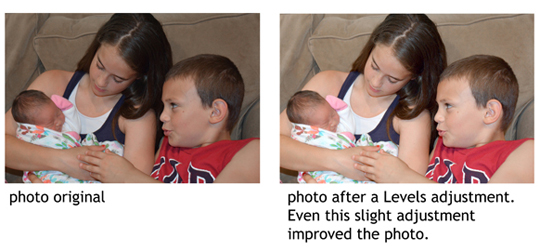 A family photo before and after adjustment using levels