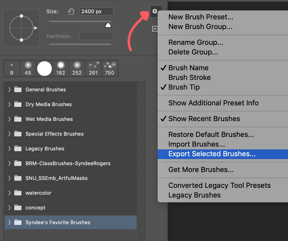 save favorite brushes in PS